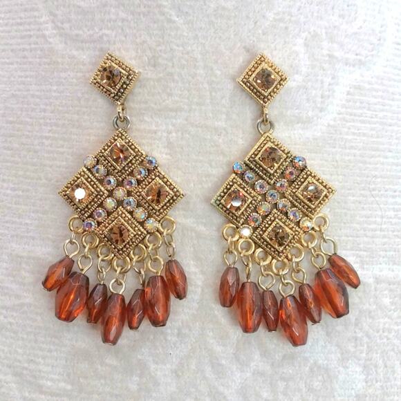 Diamond Shaped Fringe Chandelier Earrings Boho Gypsy Chandelier Beaded Crystals - Picture 1 of 11